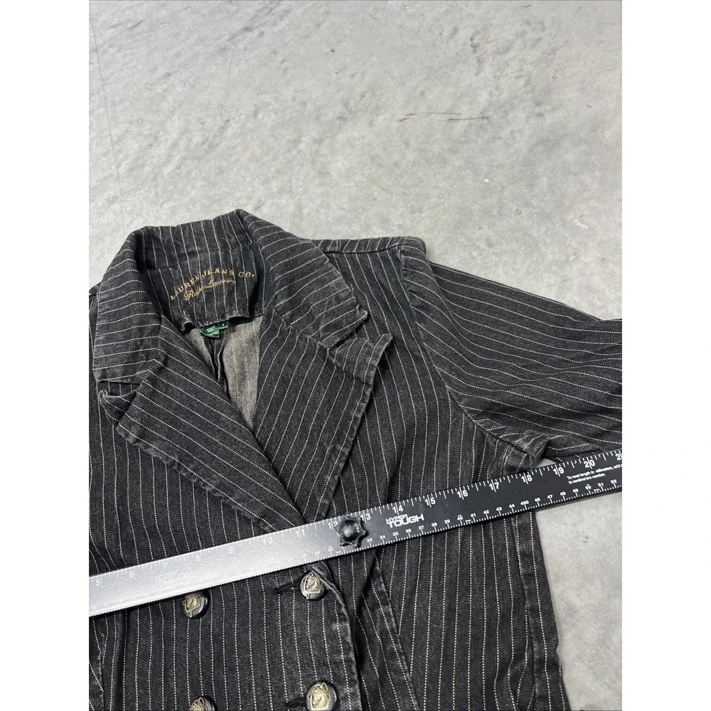 VTG Ralph Lauren Jacket Wmns L 90s Black Pinstripe Denim Double Breasted Blazer - Picture 3 of 6